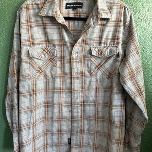 Molokai Surf Co. grey & orange plaid button-up shirt